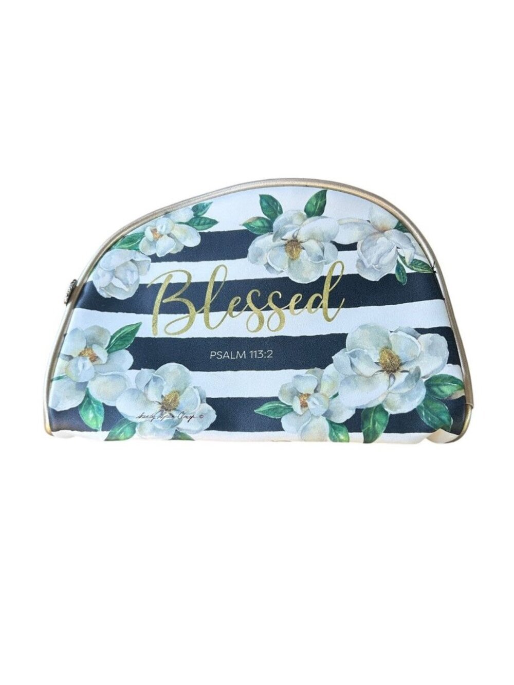 Blessed by Sandy Lynam Clough Magnolia Flowers Striped Cosmetic Makeup Case